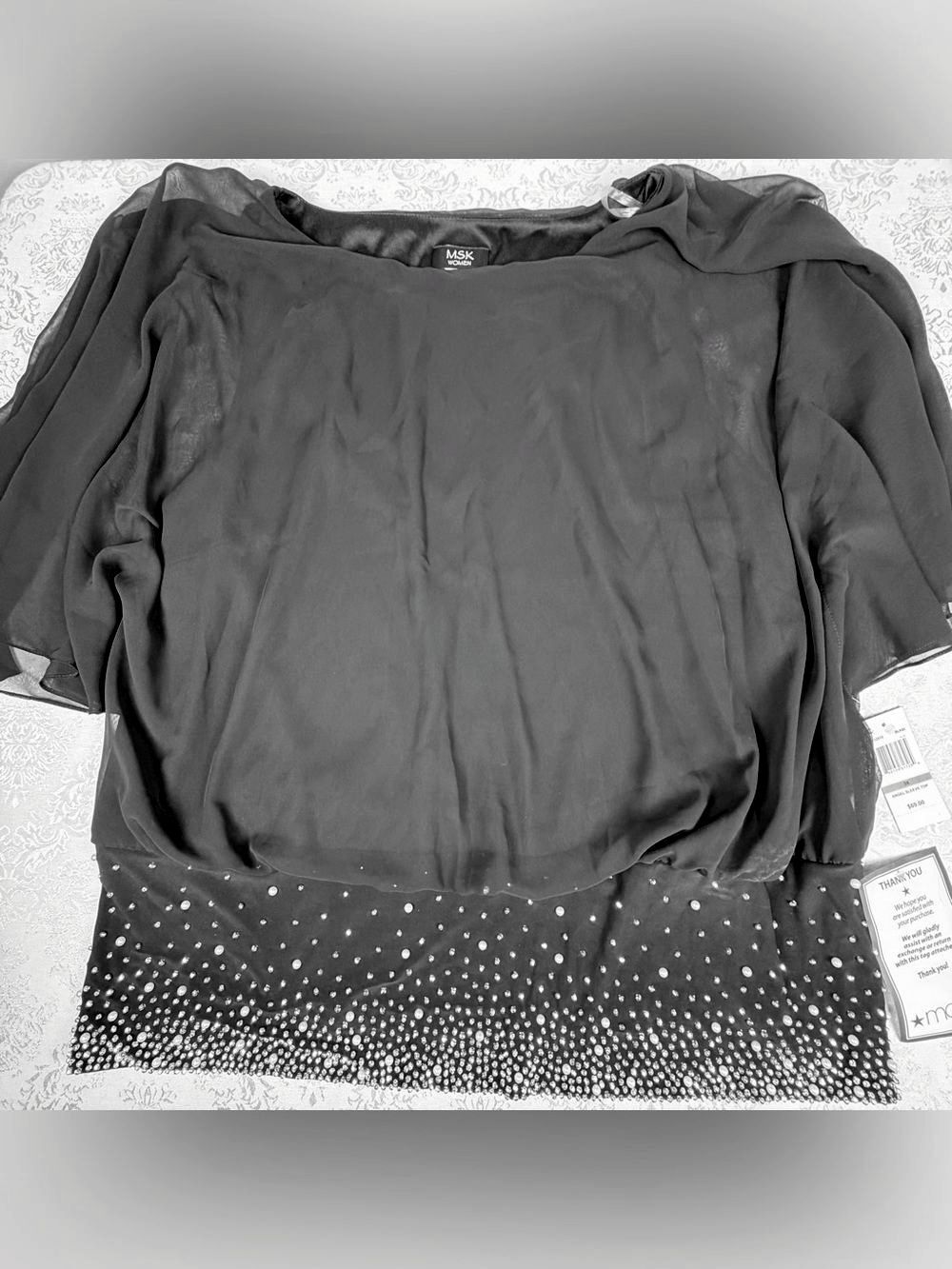 MSK Women Angel Sleeve Black Chiffon Overlay Blouse with Rhinestone Hem, NWT, 3X